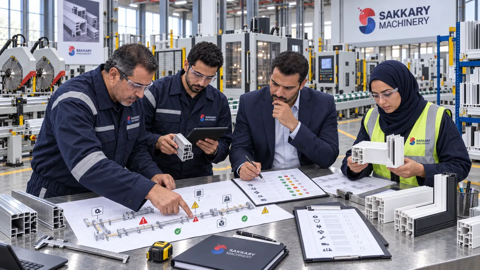 Factory team reviewing common aluminum and PVC machinery selection risks