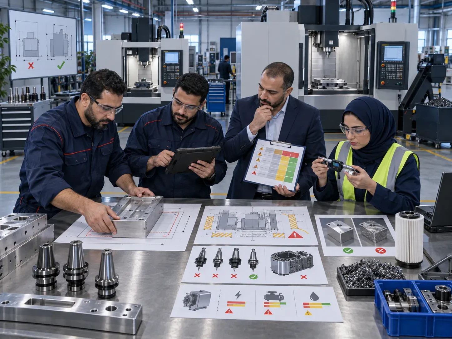 فريق المصنع يراجع مخاطر اختيار ماكينات تفريز CNC