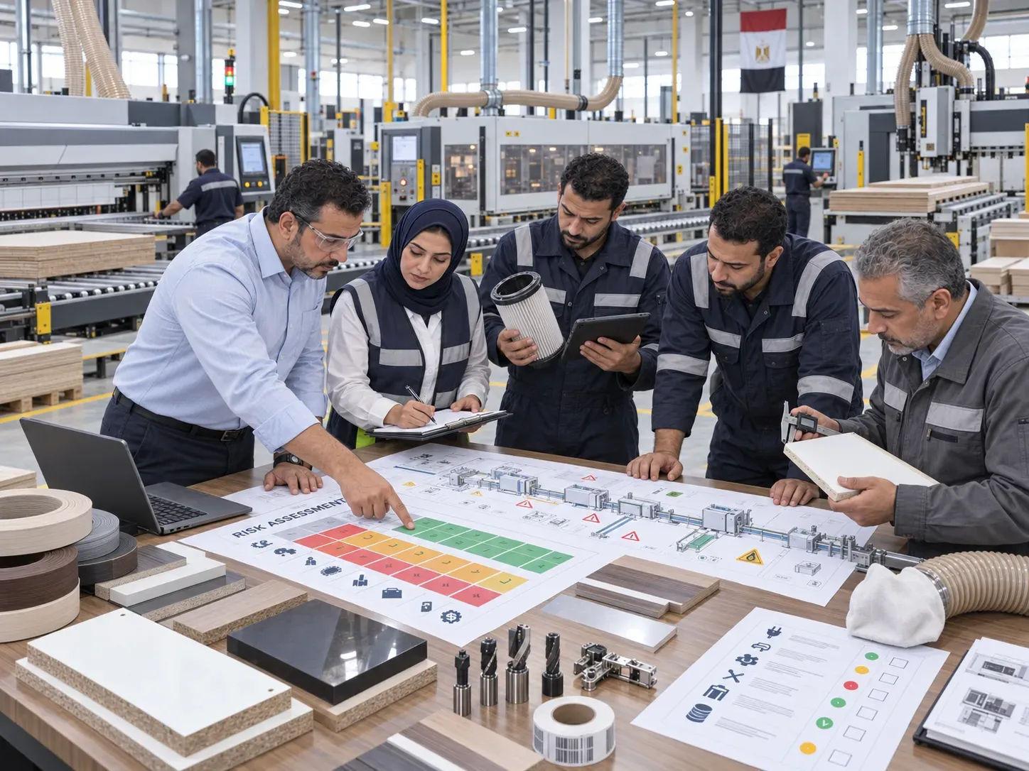 Factory team reviewing common woodworking machinery lines selection risks