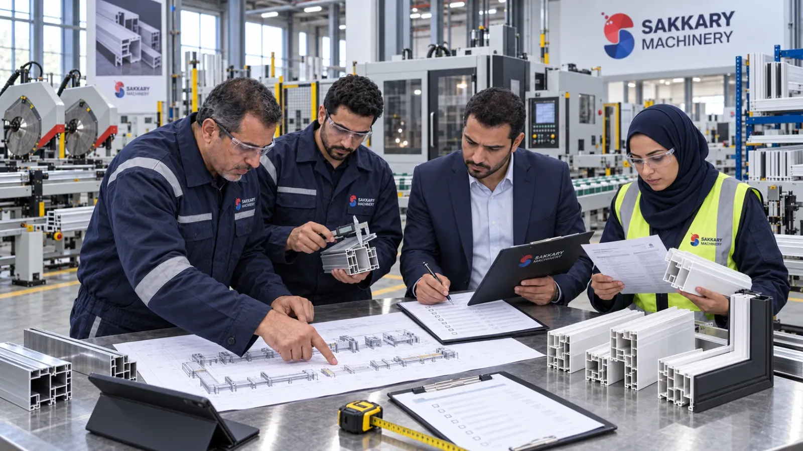 Engineering and procurement team checking a aluminum and PVC machinery purchase checklist