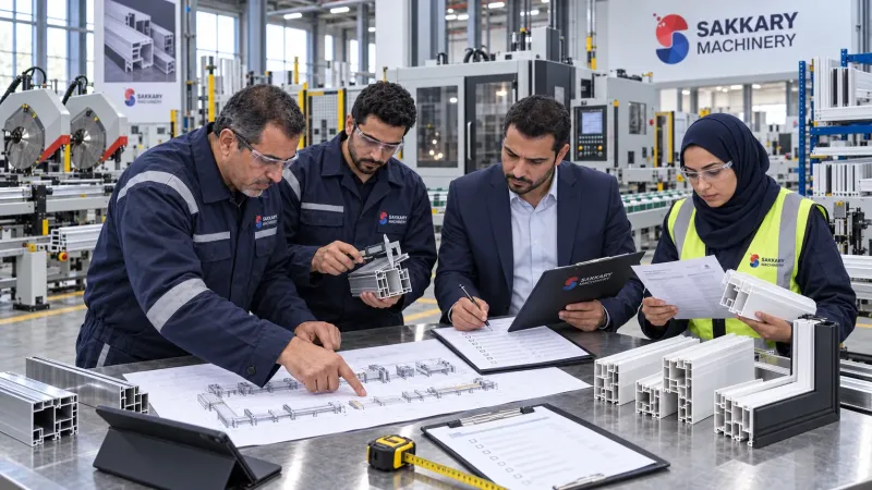 فريق الهندسة والمشتريات يراجع قائمة فحص شراء ماكينات الألومنيوم وPVC