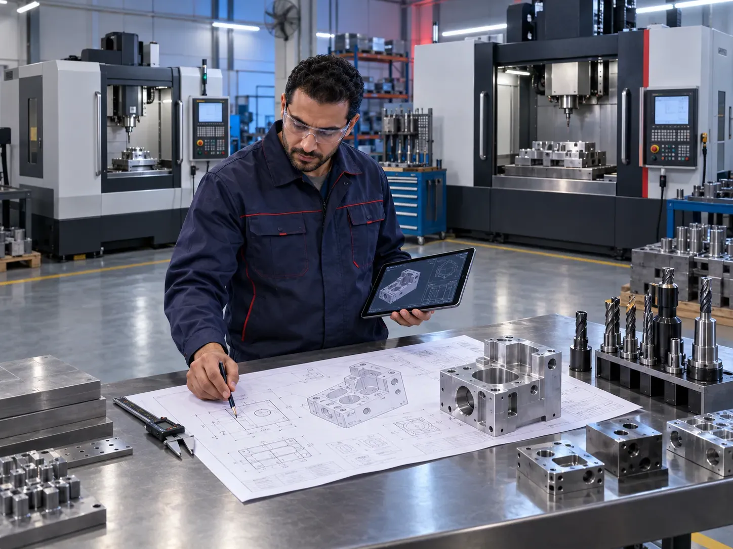 Engineer reviewing CNC milling machines requirements with production drawings