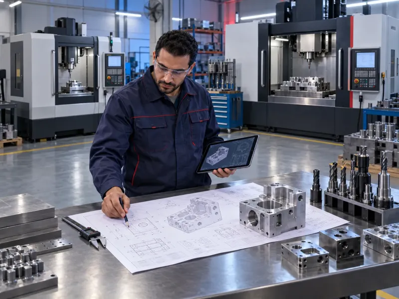 مهندس يراجع متطلبات ماكينات تفريز CNC مع رسومات الإنتاج