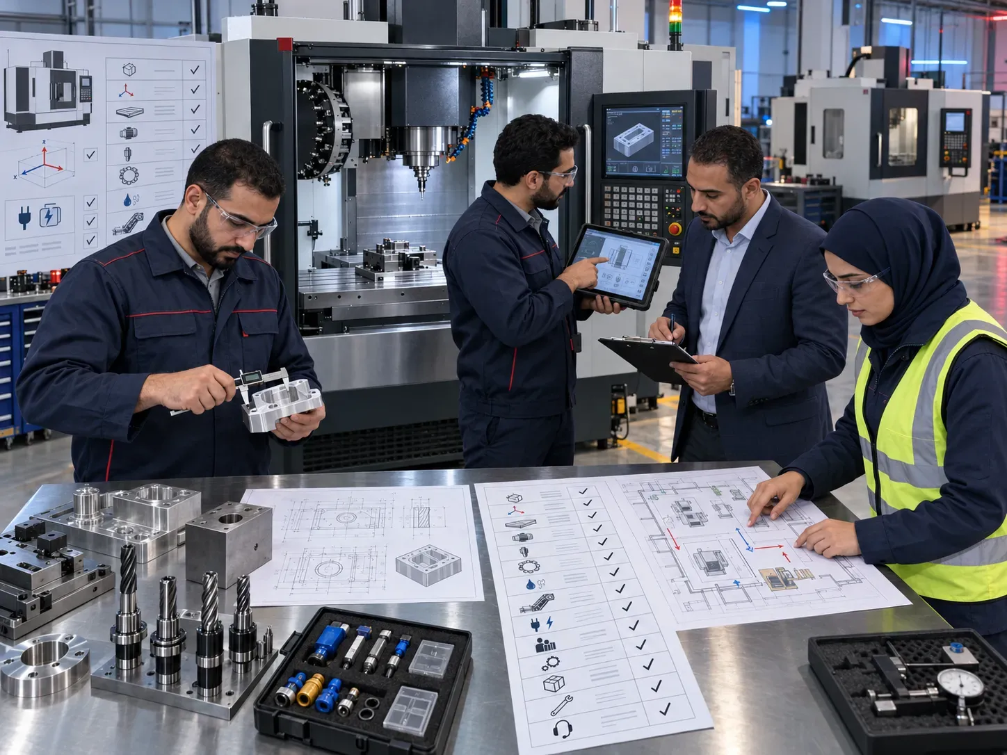 Engineering and procurement team checking a CNC milling machines purchase checklist