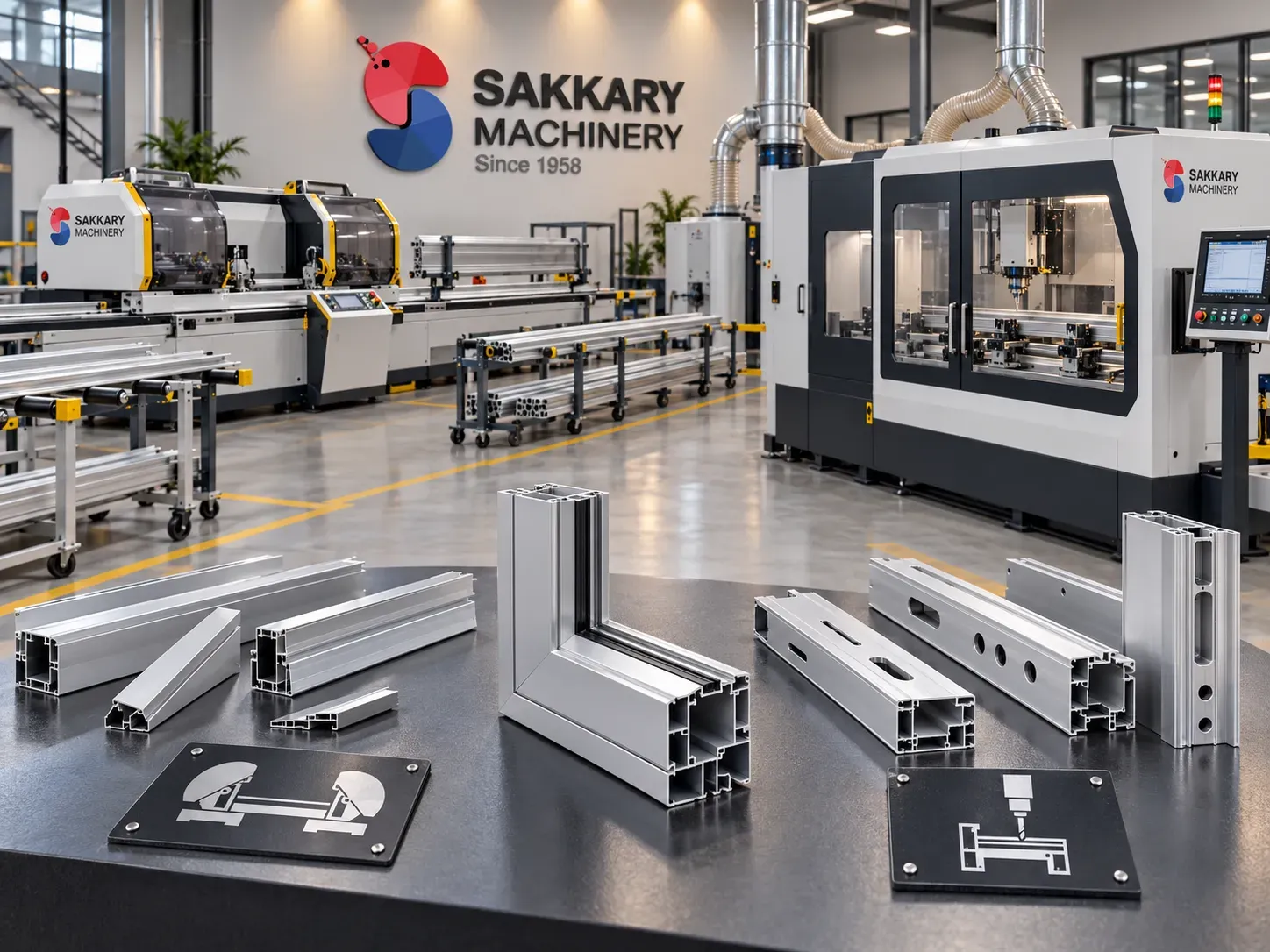 Double-head aluminium saw compared with a profile machining center