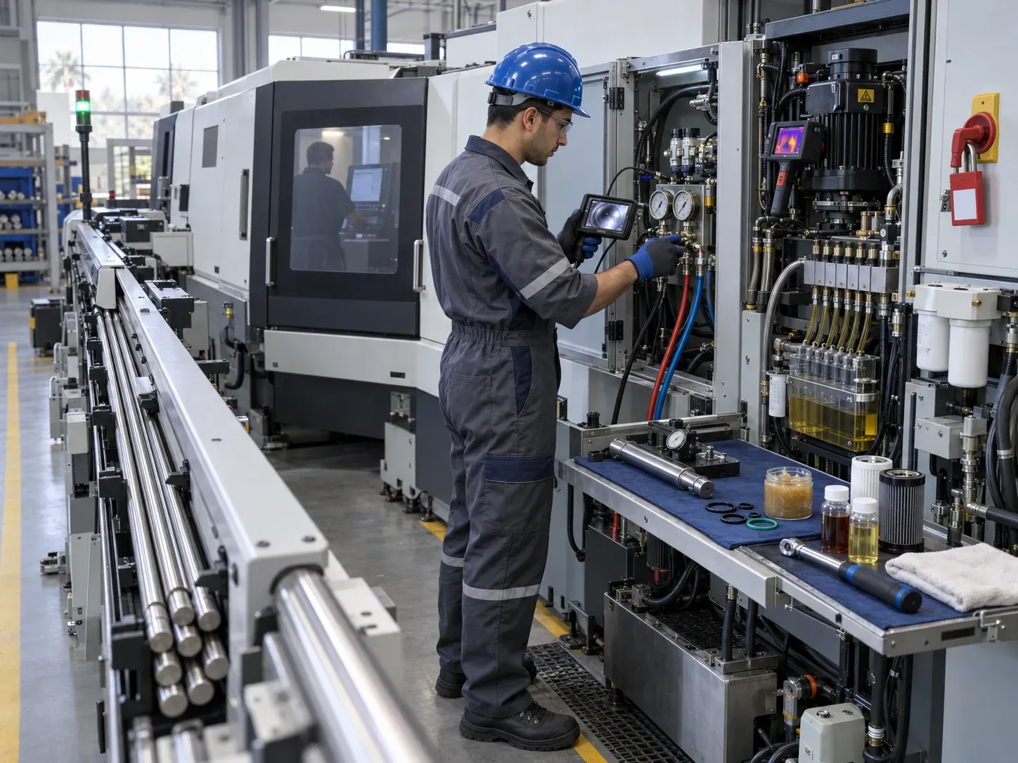 Technician inspecting CNC lathes during planned maintenance