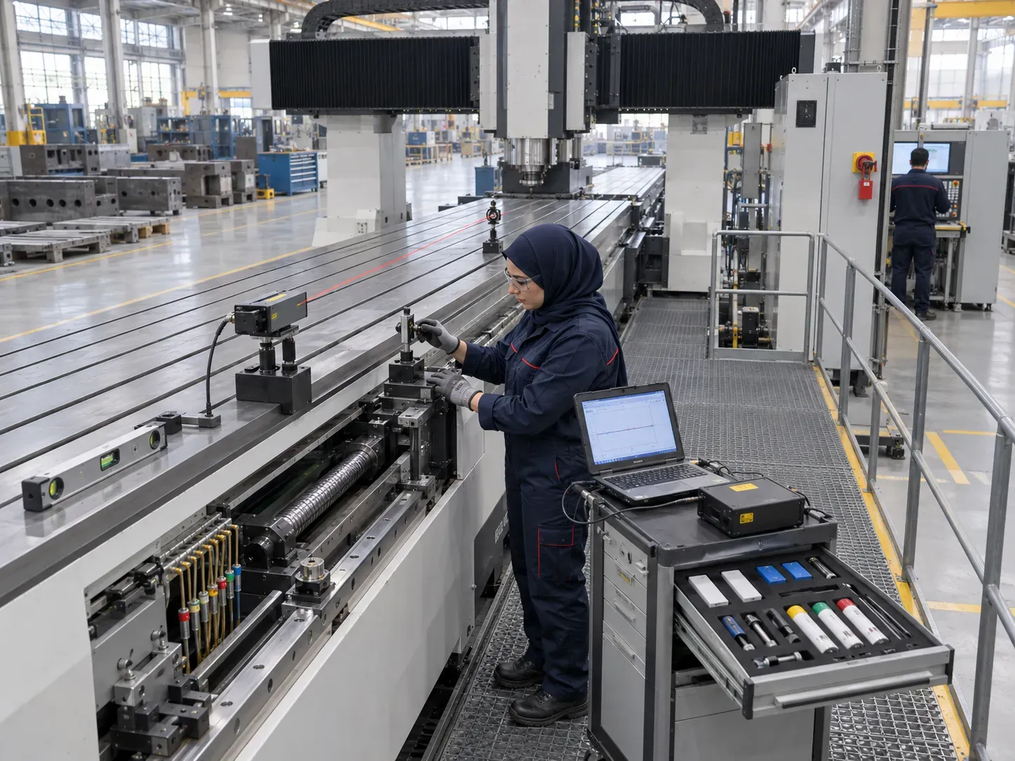 Technician inspecting CNC milling machines during planned maintenance