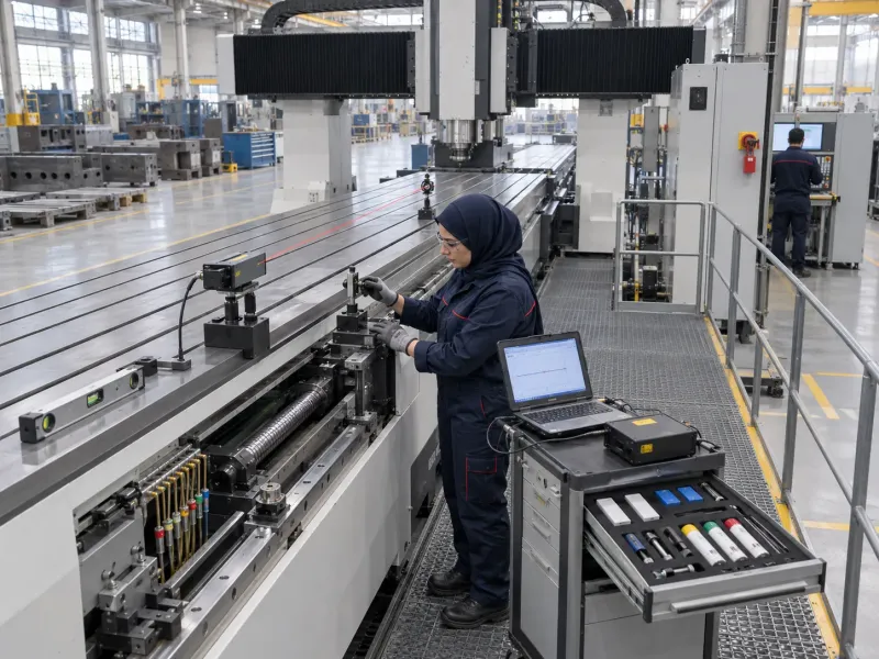 Technician inspecting CNC milling machines during planned maintenance