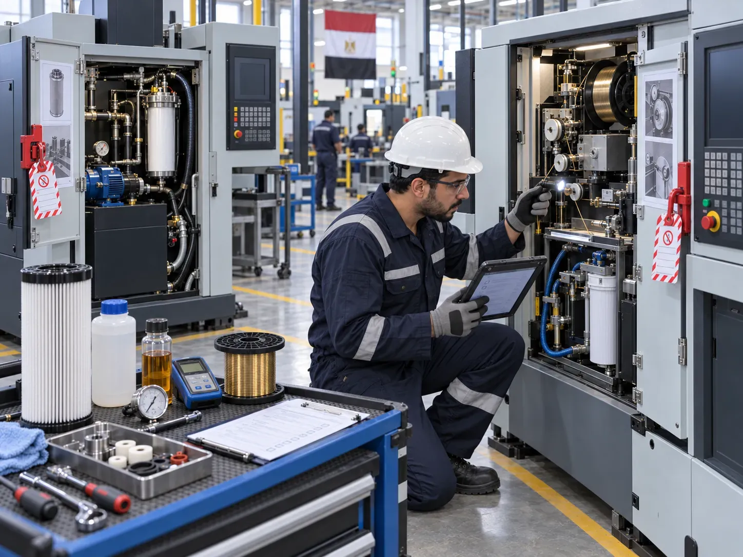Technician inspecting EDM and wire EDM machines during planned maintenance