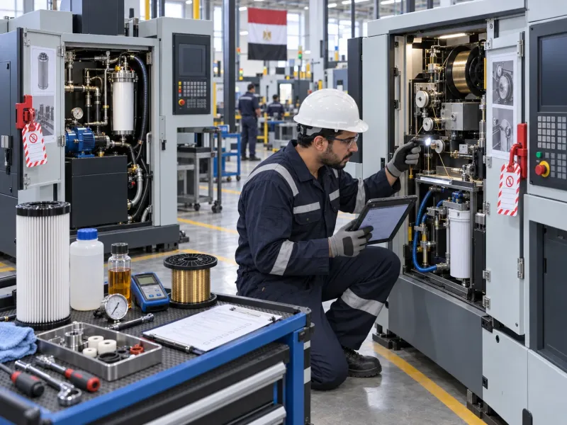 Technician inspecting EDM and wire EDM machines during planned maintenance