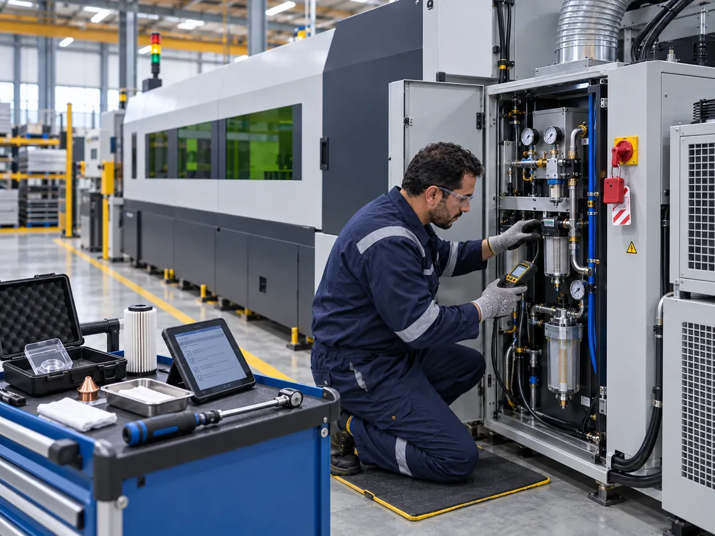 Technician inspecting fiber laser cutting machines during planned maintenance