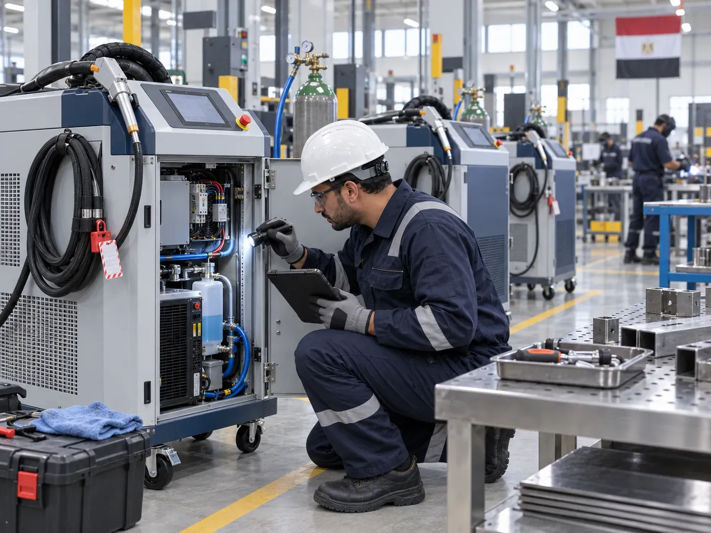 Technician inspecting laser welding machines during planned maintenance