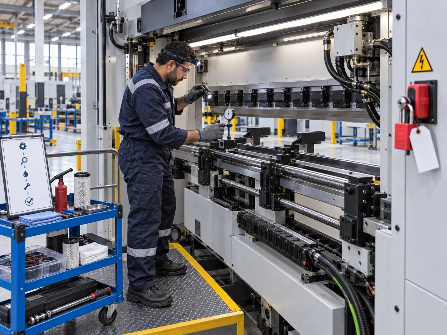 Technician inspecting press brakes during planned maintenance