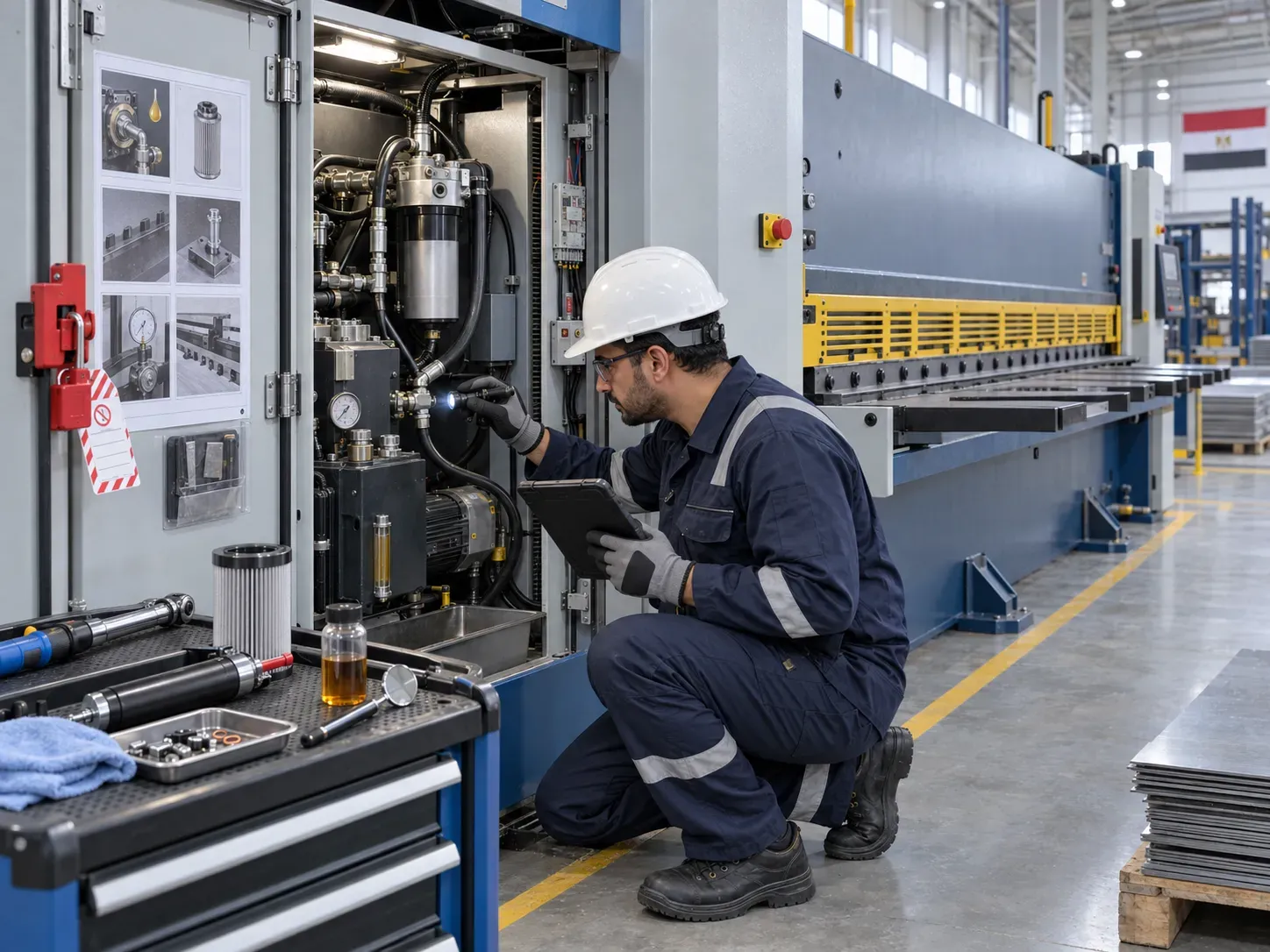 Technician inspecting sheet metal shears during planned maintenance
