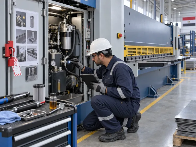 Technician inspecting sheet metal shears during planned maintenance