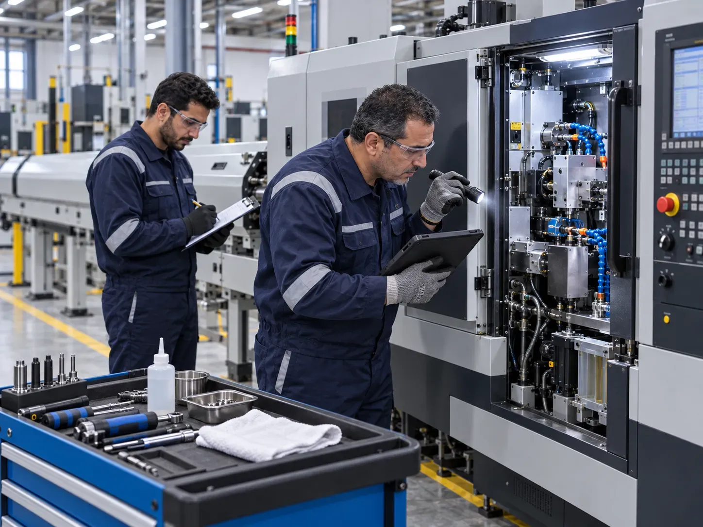 Technician inspecting Swiss-type CNC lathes during planned maintenance