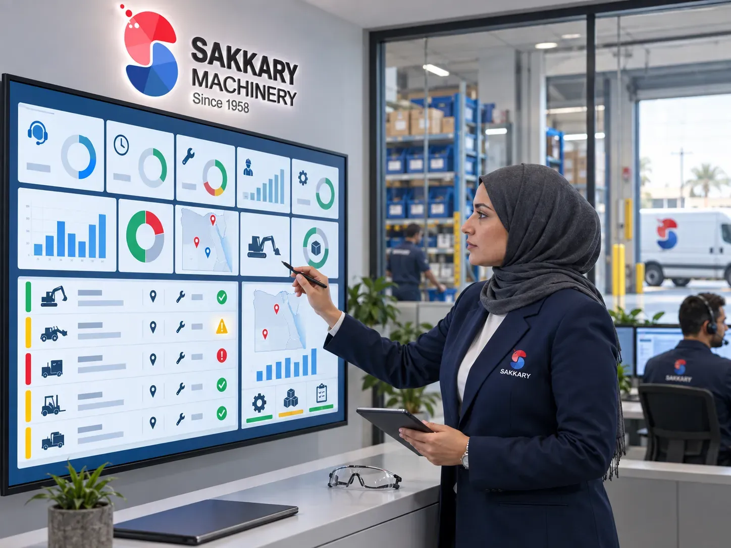 After-sales manager reviewing machinery service KPIs and open tickets