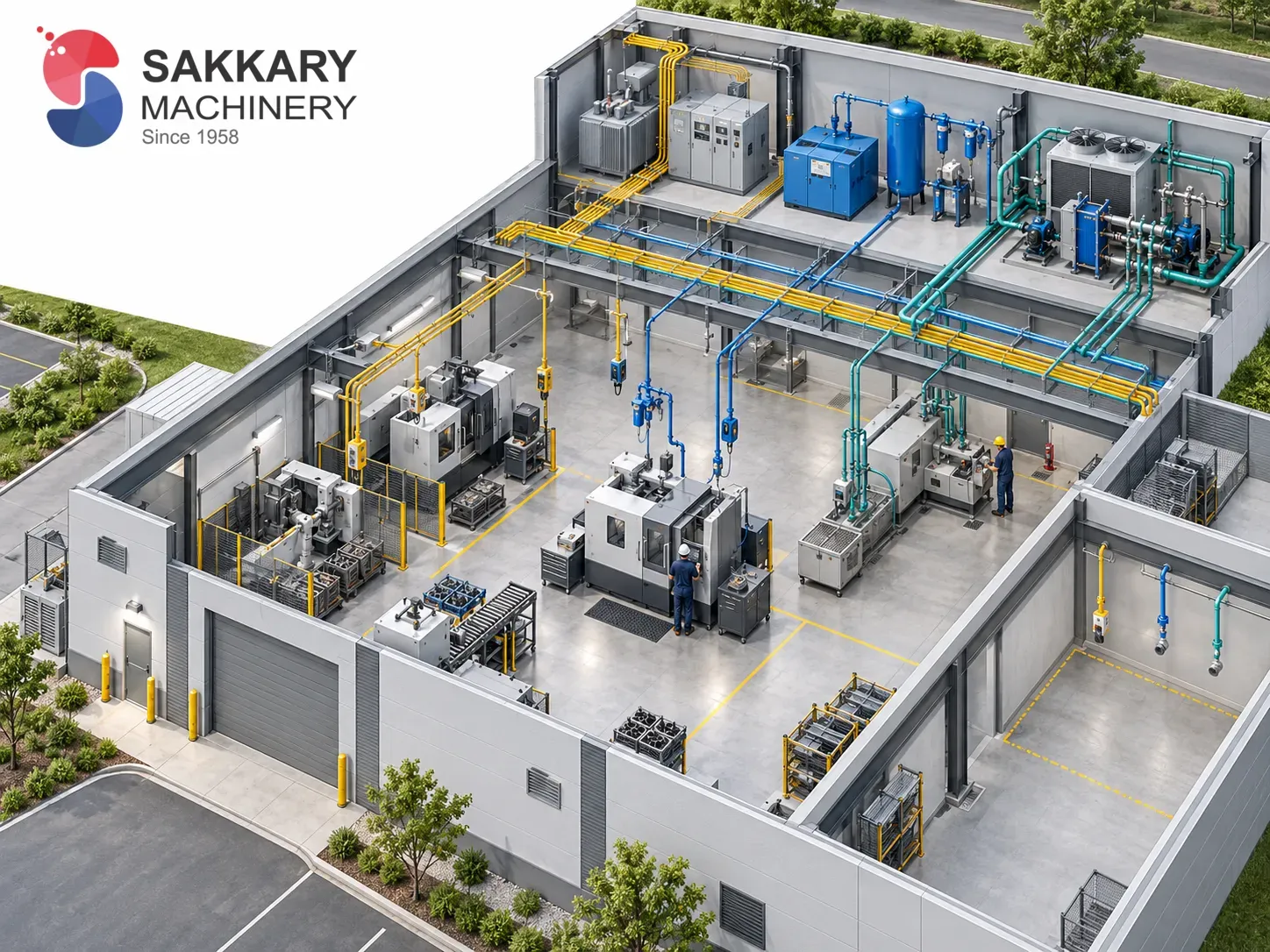 Industrial illustration for Factory Utilities Planning: Power, Compressed Air and Cooling, SAKKARY MACHINERY Industrial Knowledge Center