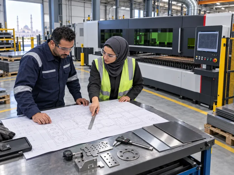 مهندس يراجع متطلبات ماكينات الفايبر ليزر مع رسومات الإنتاج