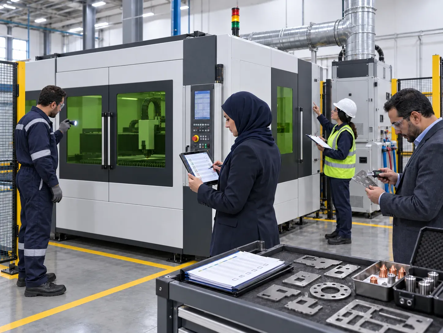 Engineering and procurement team checking a fiber laser cutting machines purchase checklist