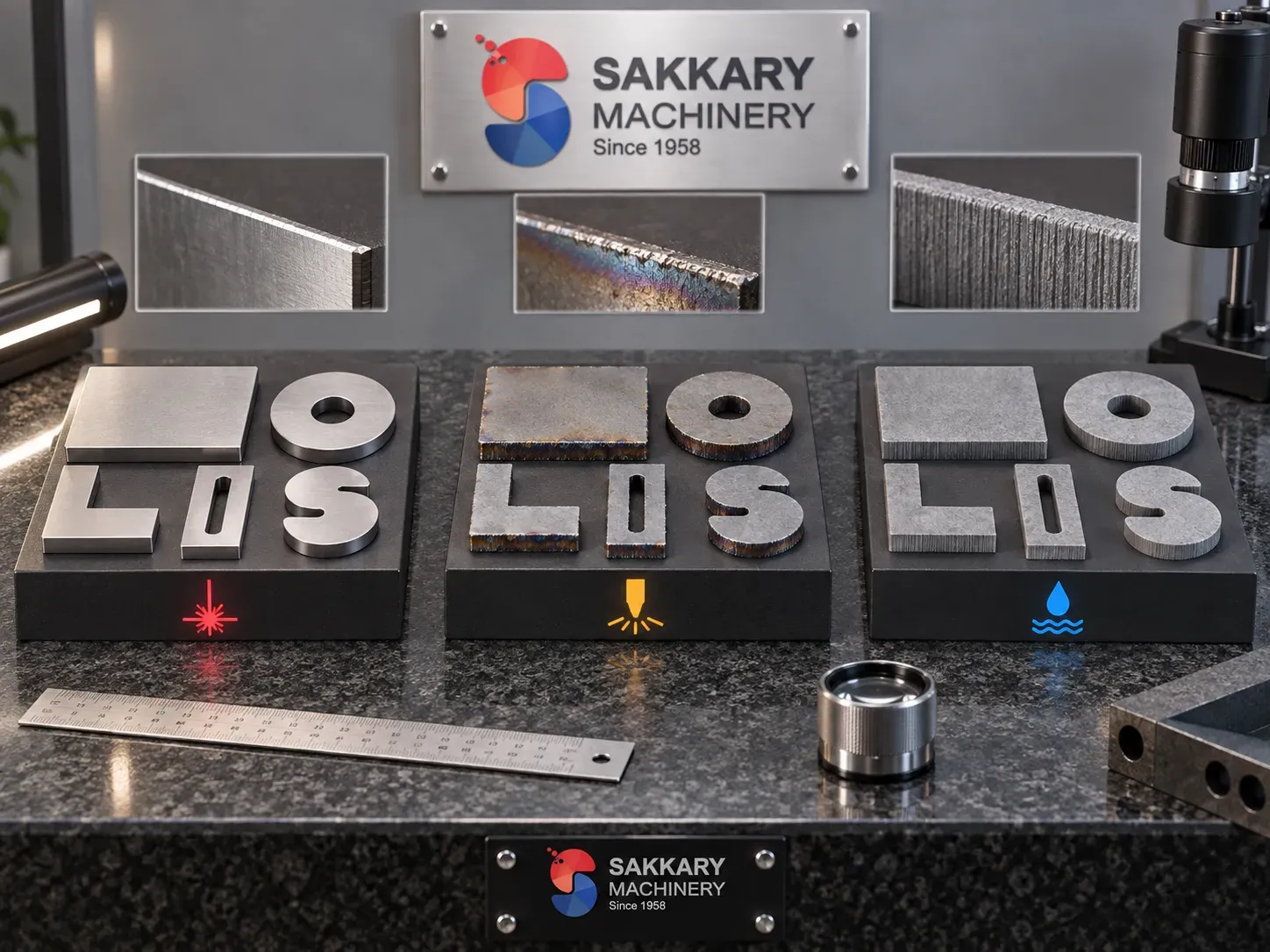 Cut samples from fiber laser plasma and waterjet processes arranged for comparison