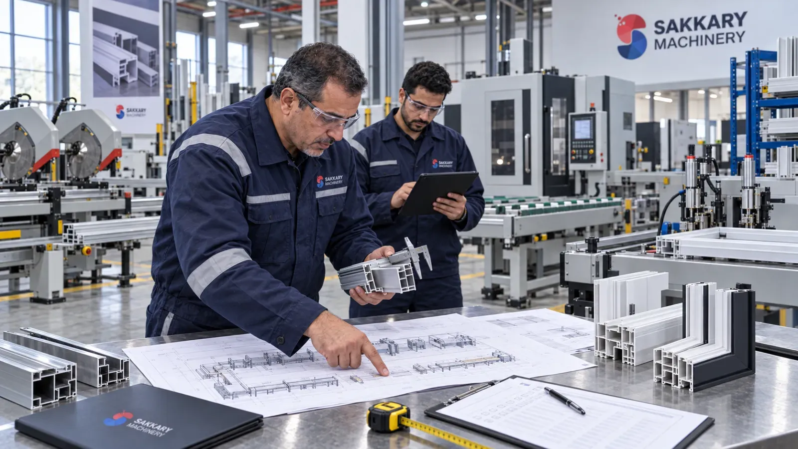 مهندس يراجع متطلبات ماكينات الألومنيوم وPVC مع رسومات الإنتاج
