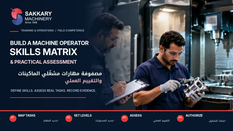مشرف مصنع يقيّم مشغل ماكينة بجوار ماكينة صناعية باستخدام مصفوفة مهارات مطبوعة