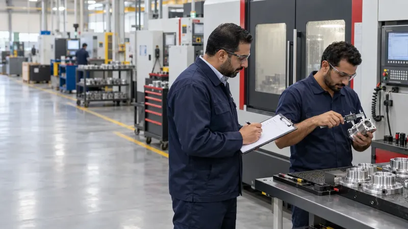 Factory supervisor assessing a machine operator beside an industrial machine using a printed skills matrix