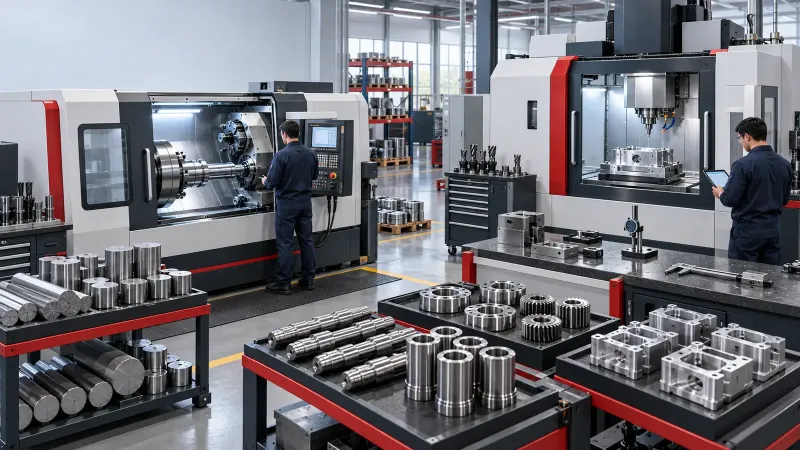 رسم توضيحي لمحطات خراطة وتفريز CNC ضمن خط إنتاج قطع غيار معدنية