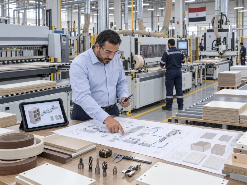 مهندس يراجع متطلبات خطوط ماكينات النجارة مع رسومات الإنتاج