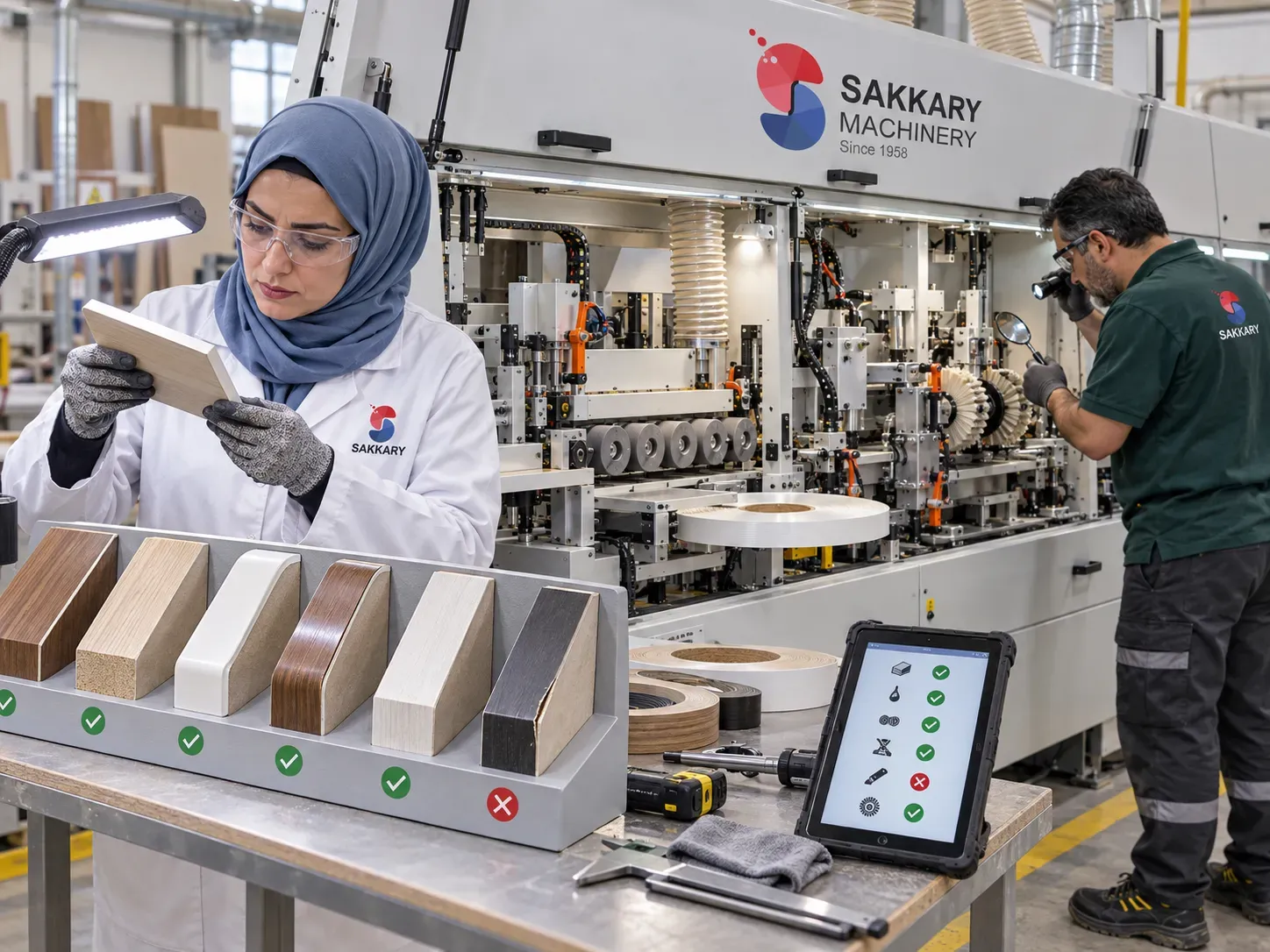 Edge banding samples and machine stations under inspection
