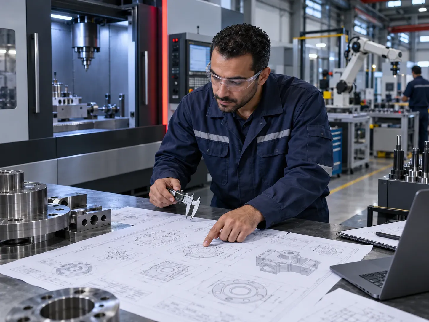 مهندس يراجع متطلبات الماكينات الصناعية مع رسومات الإنتاج