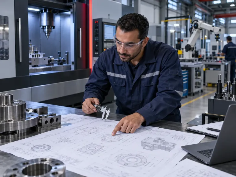مهندس يراجع متطلبات الماكينات الصناعية مع رسومات الإنتاج