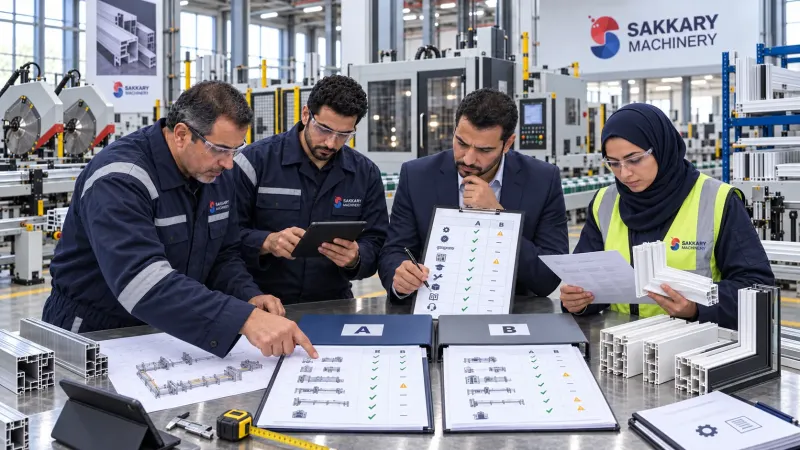 فريق فني يقارن عروض ماكينات الألومنيوم وPVC ونطاق التوريد