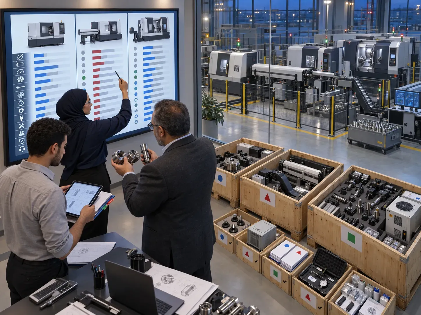 Technical team comparing CNC lathes proposals and supply scope