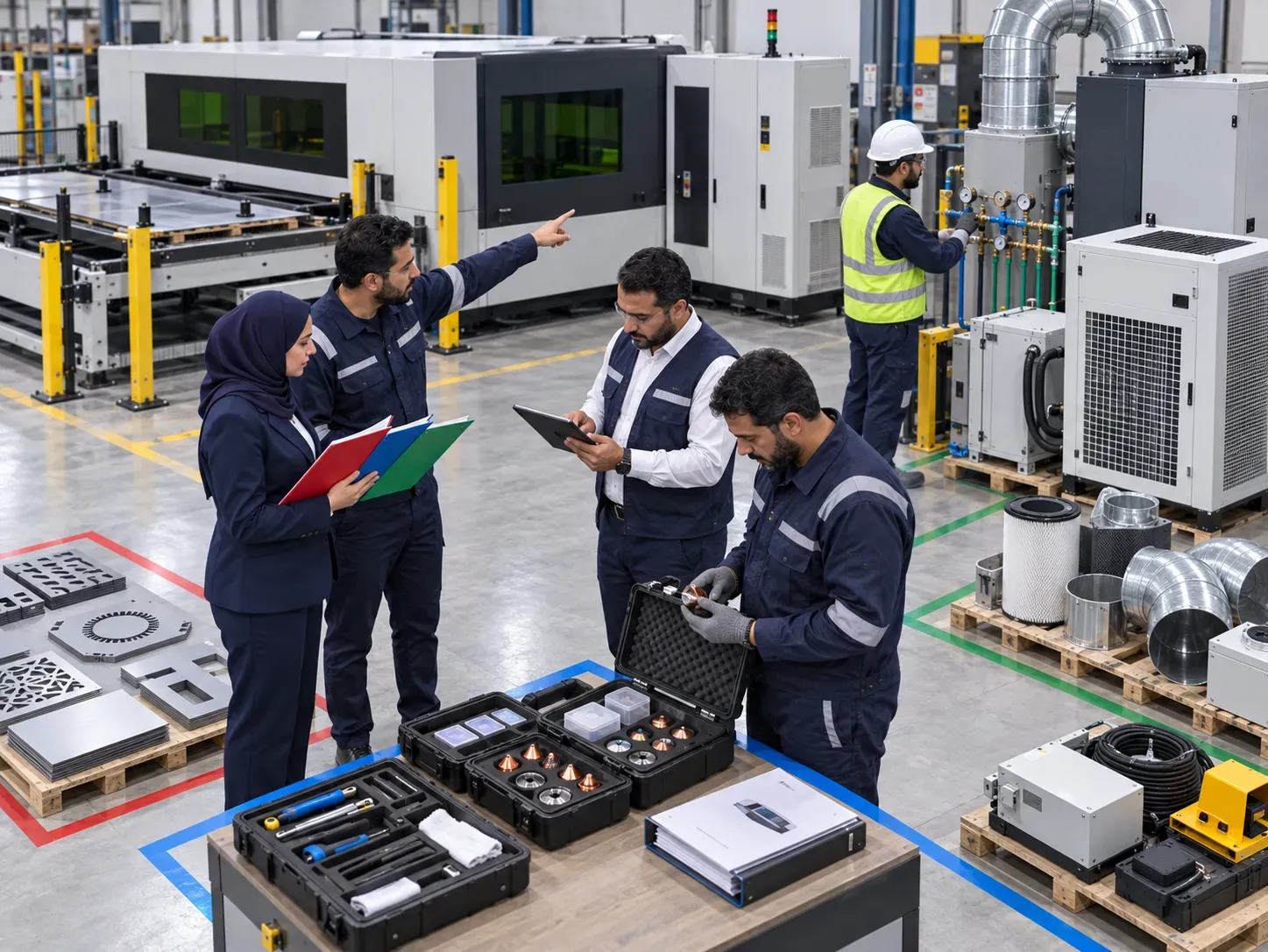 Technical team comparing fiber laser cutting machines proposals and supply scope