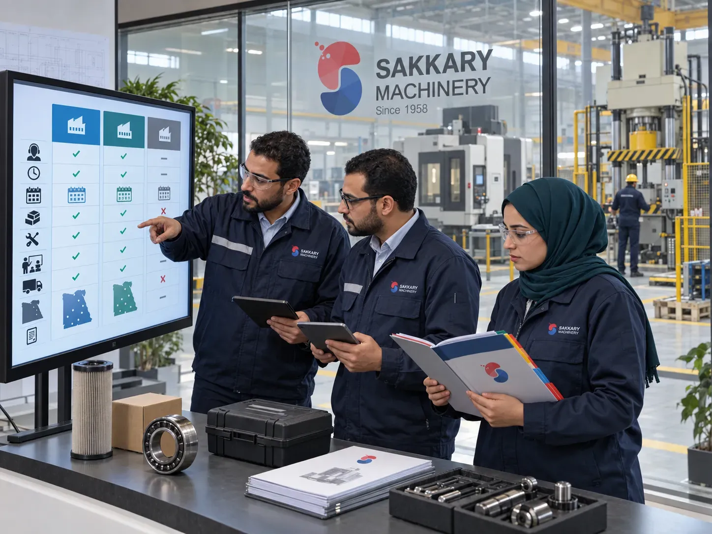 Technical team comparing machinery after-sales support proposals and supply scope