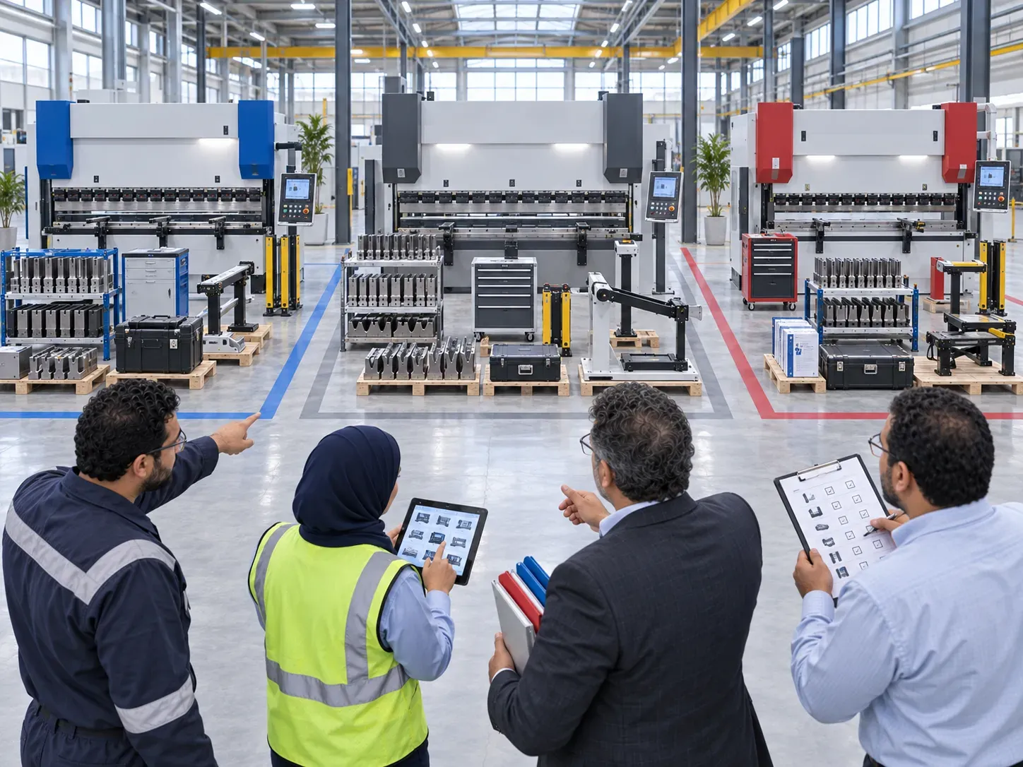 Technical team comparing press brakes proposals and supply scope