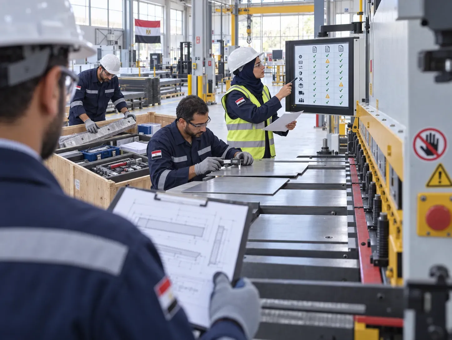 Technical team comparing sheet metal shears proposals and supply scope