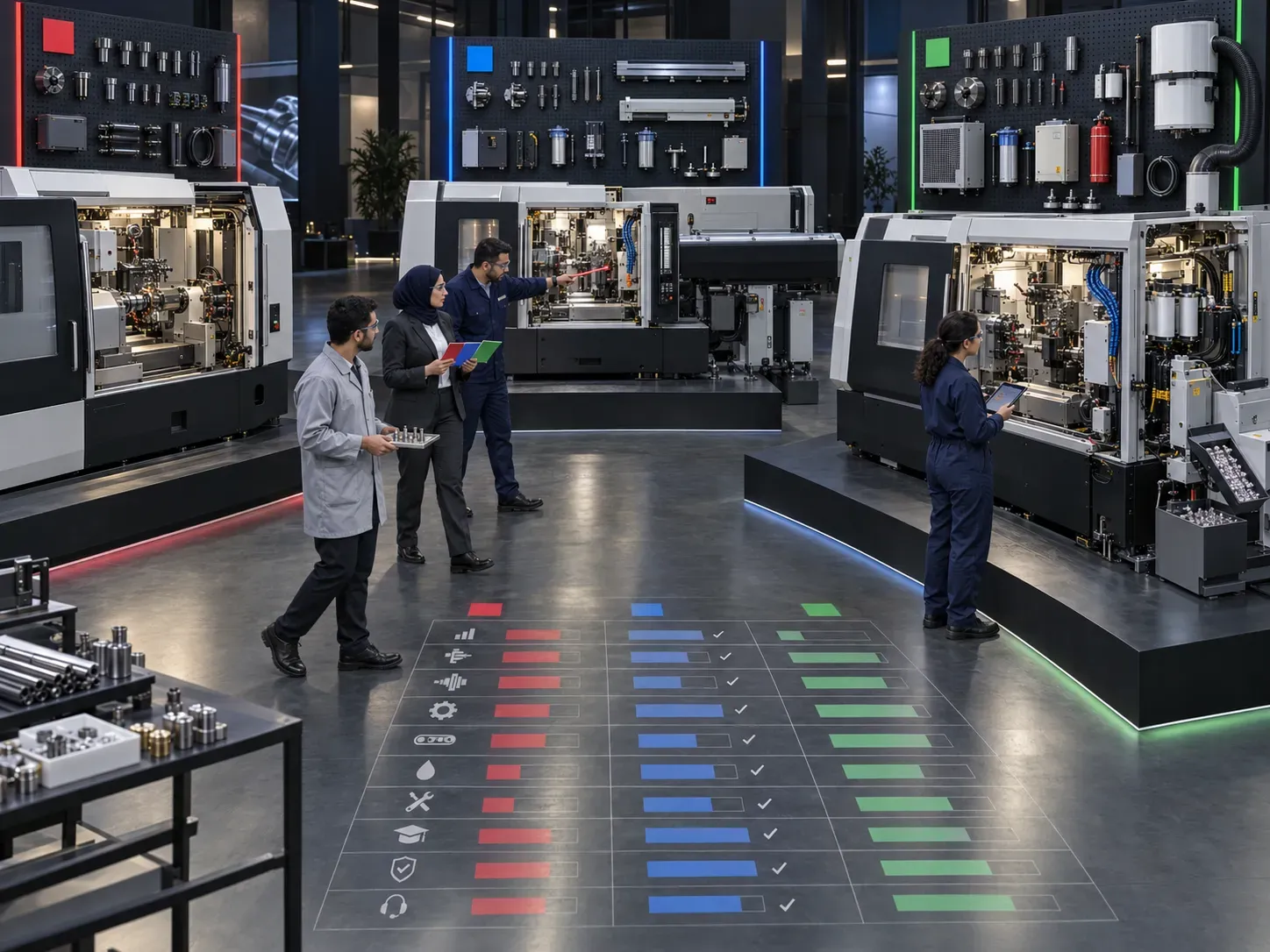 Technical team comparing Swiss-type CNC lathes proposals and supply scope