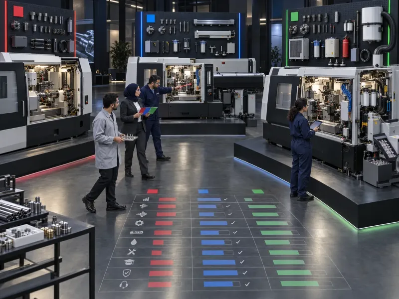 فريق فني يقارن عروض مخارط Swiss-Type CNC ونطاق التوريد
