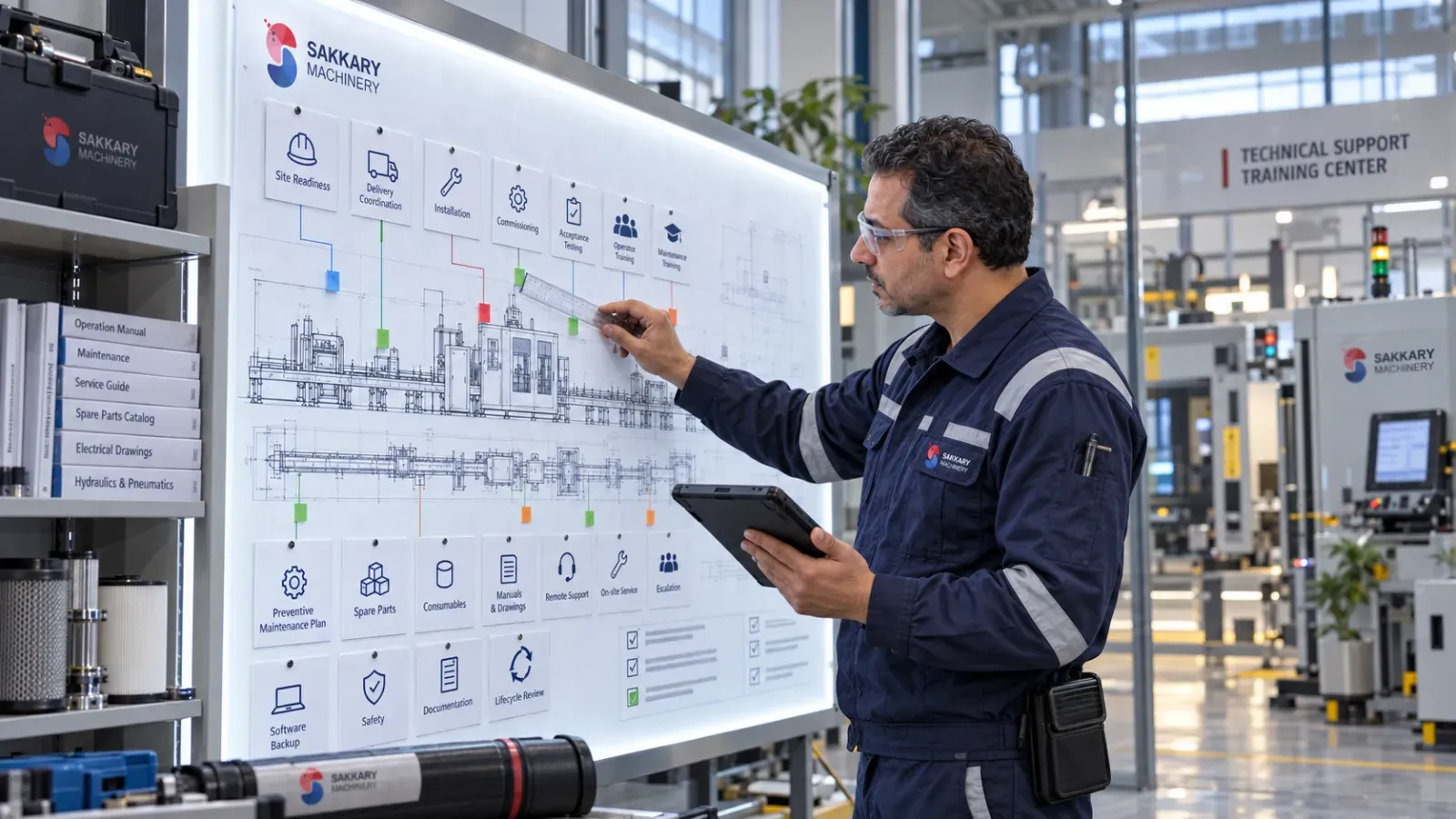 Engineer reviewing machinery after-sales support requirements with production drawings