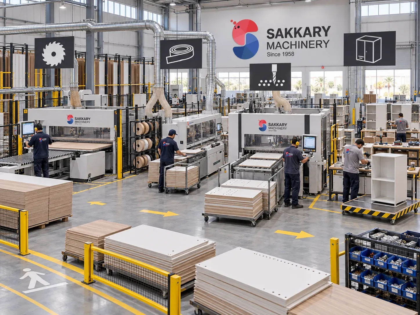 Panel furniture production flow showing cutting edging drilling and assembly