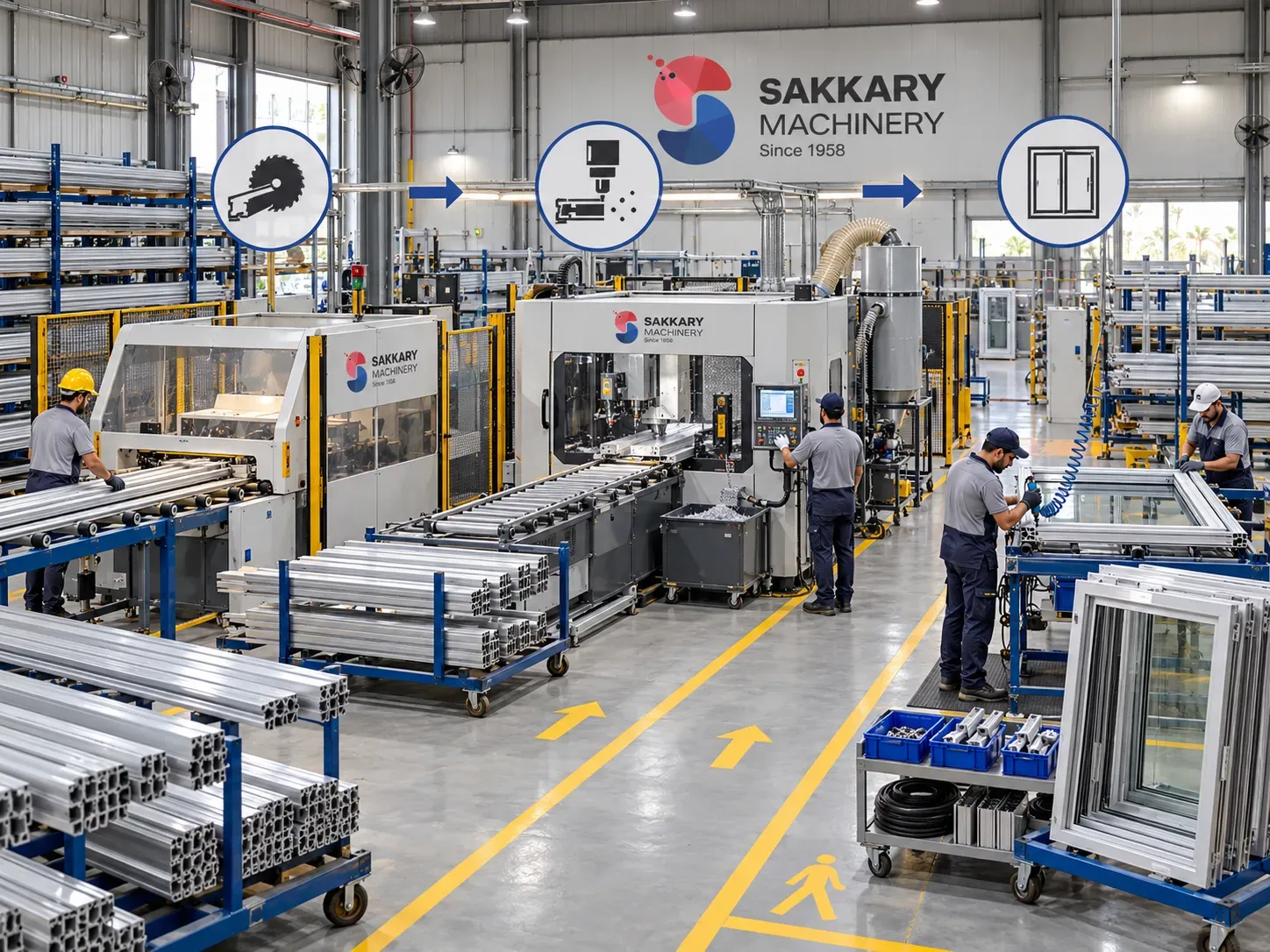 Aluminium window profile cutting machining and assembly workflow