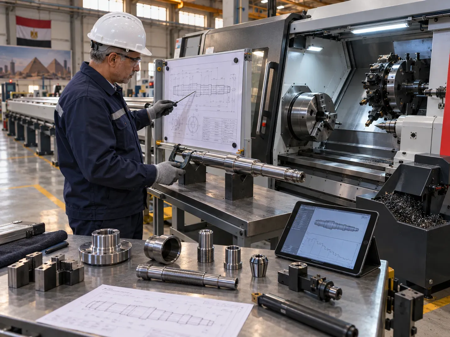 Engineer reviewing CNC lathes requirements with production drawings
