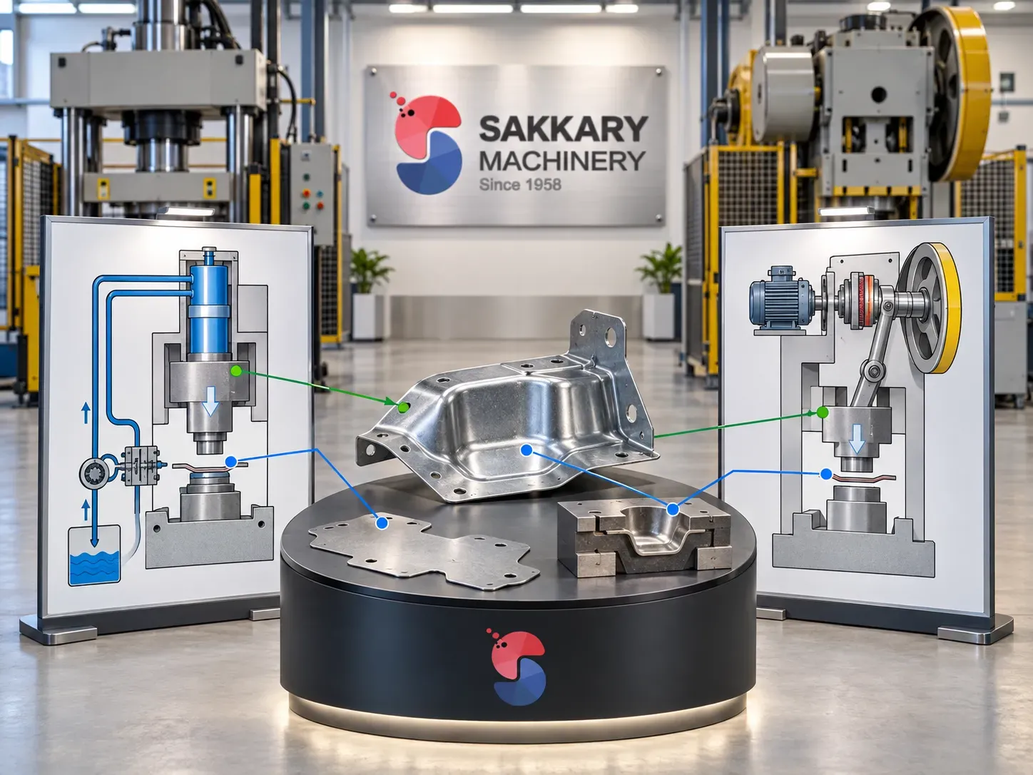 Hydraulic press and mechanical press diagrams beside a formed part