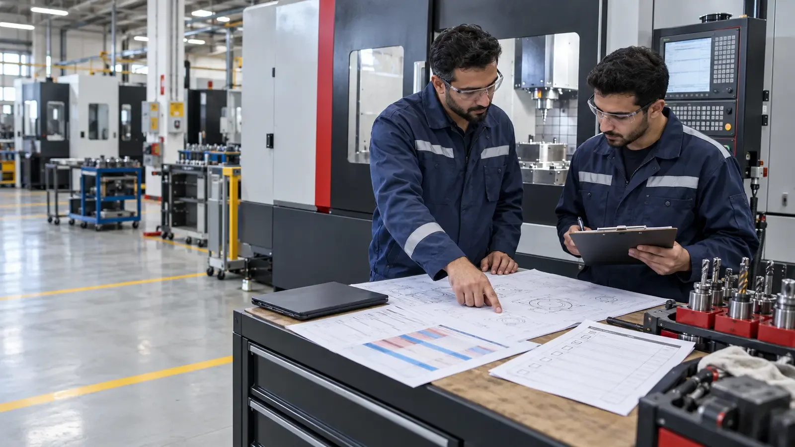 Production engineer reviewing an operator training plan with machine drawings and a competency checklist on the factory floor