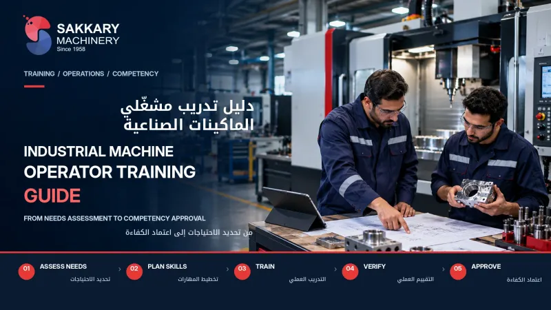 مهندس إنتاج يراجع خطة تدريب مشغل مع رسومات الماكينة وقائمة تقييم الكفاءة داخل المصنع