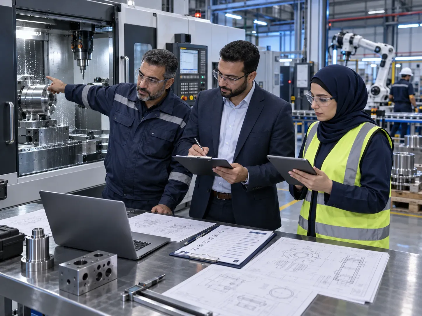 فريق الهندسة والمشتريات يراجع قائمة فحص شراء الماكينات الصناعية