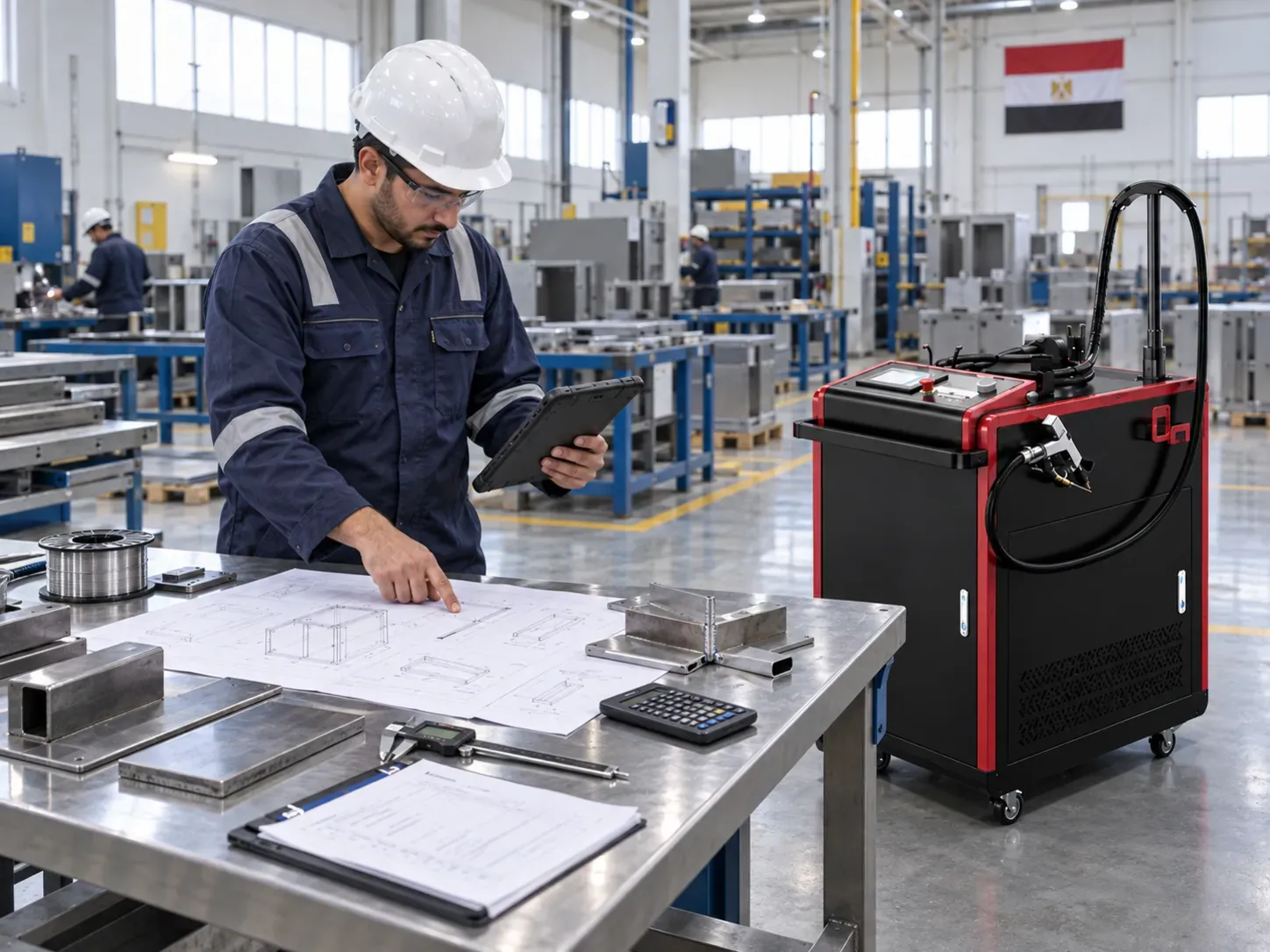 مهندس يراجع متطلبات ماكينات اللحام بالليزر مع رسومات الإنتاج